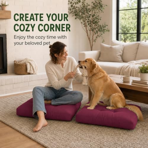 Floor Pillow Set of 2 20 Inch Large Tufted Corduroy Cushions for Sitting Meditation Lounge - Wine Red