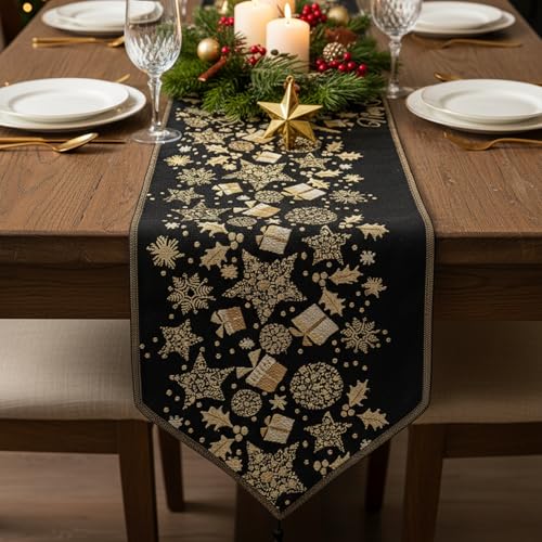 Christmas Table Runner Black & Gold Reindeer Decor 13x54 Inches