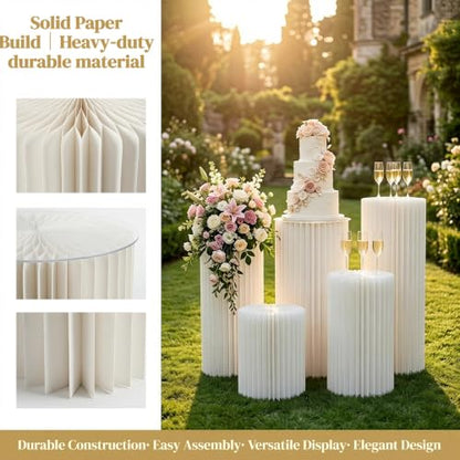 Wedding Pedestal Stand Set with Acrylic Tops - 5 Graduated Heights, Heavy-Duty Columns