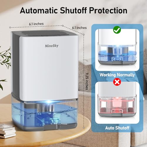 NineSky Small Dehumidifier with 35oz Water Tank, 7 Colorful Lights, Auto Shut Off - White Gray