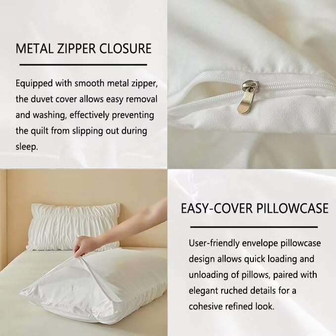 King White Stripes Duvet Cover Set with Tufted Ruching - 104x90 Inches