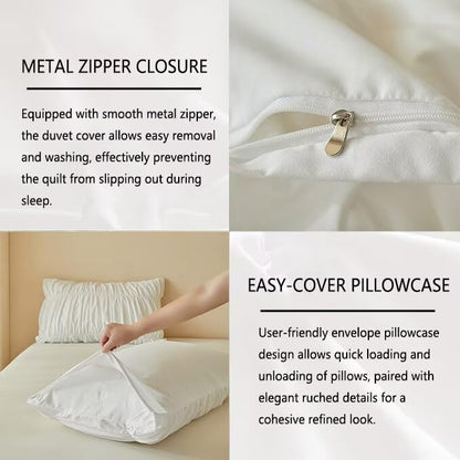 King White Stripes Duvet Cover Set with Tufted Ruching - 104x90 Inches