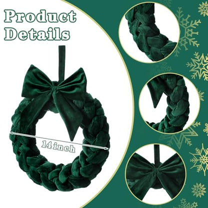 Christmas Velvet Wreath for Front Door 14-Inch Green with Bow Holiday Decor