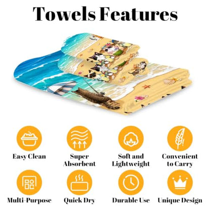 Cat Beach Towel Set - 3 Piece Summer Cat Bath Towels with Ocean Theme - Miaow Variation