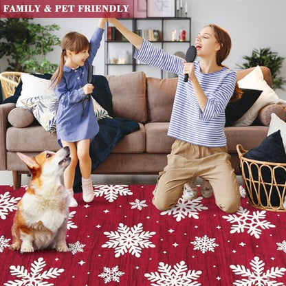 Christmas Snow Pattern Area Rug 9x12 Red Non-Slip Low Pile Indoor Rug for Living Room & Bedroom - Snow Variation