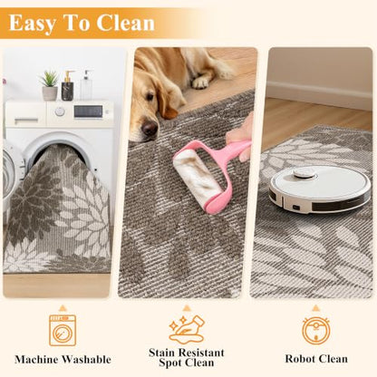 Brown 2x8 ft Non Slip Washable Runner Rug for Hallway Kitchen - Floral High-Low Design