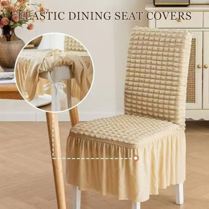 Stretchable Dining Chair Slipcover with Skirt Bubble Texture Khaki