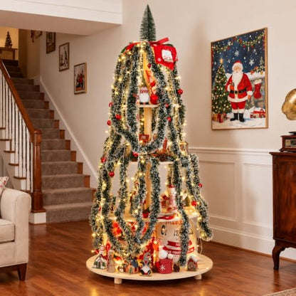 Extra Large 5.04 Ft Wooden Christmas Tree with Shelves - Holiday Village Display Stand
