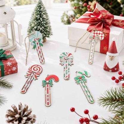 12Pcs Candy Cane Christmas Money Holder Ornaments - Wooden Holiday Gift Decor