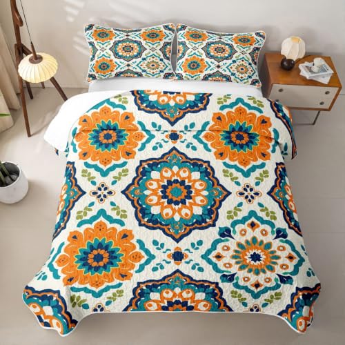 Mandala Floral Quilt Set Full Vintage Damask Bedspread - Green Yellow Teal