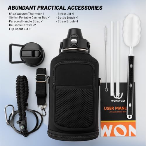 Premium 64oz Insulated Water Bottle Leak Proof with Carrier Bag - Black