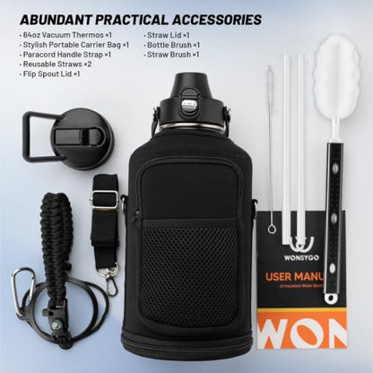 Premium 64oz Insulated Water Bottle Leak Proof with Carrier Bag - Black