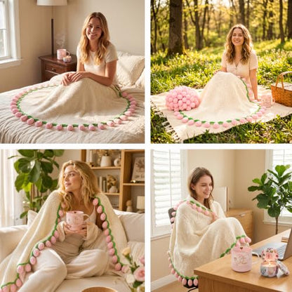 Pink Flower Blanket Gift Set for Women - Self Care Basket with Mug Candle Towel