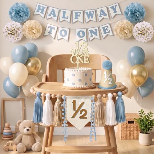 Half Birthday Decorations Kit Dusty Blue - 1/2 Birthday Banner & Party Supplies