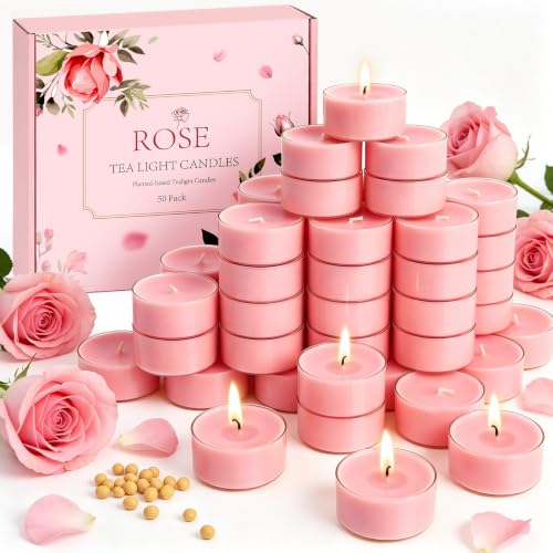 Pink Rose Scented Tea Light Candles 50 Pack Natural Soy Wax