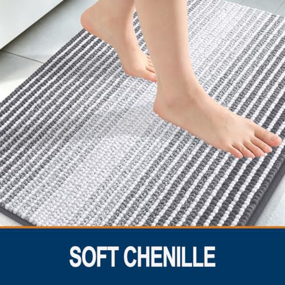 Extra Soft Chenille Bathroom Rug 30x20 Grey Striped Bath Mat - Modern & Absorbent