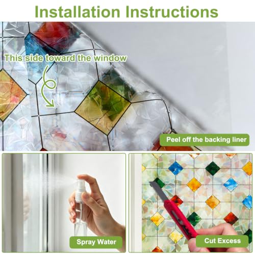 3D Stained Glass Window Privacy Film No‑Glue Static Cling with Installation Tools - Square Gem 17.5 x 78.7 Inch