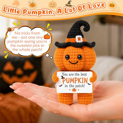 Halloween Pumpkin Basket Stuffers with Handmade Crochet Witch Hat for Fall Gifts