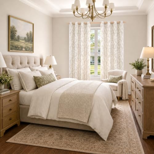 LAMIT Beige Leaf Pattern Linen Curtains 52W x 84L Set - Living Room