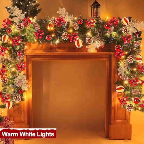 9Ft Prelit Christmas Garland with 50 Warm White Lights & Holiday Ornaments - Indoor Outdoor Decor