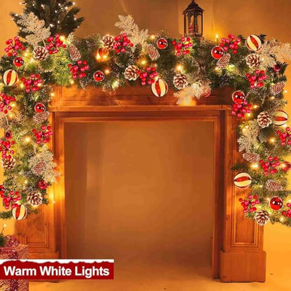9Ft Prelit Christmas Garland with 50 Warm White Lights & Holiday Ornaments - Indoor Outdoor Decor