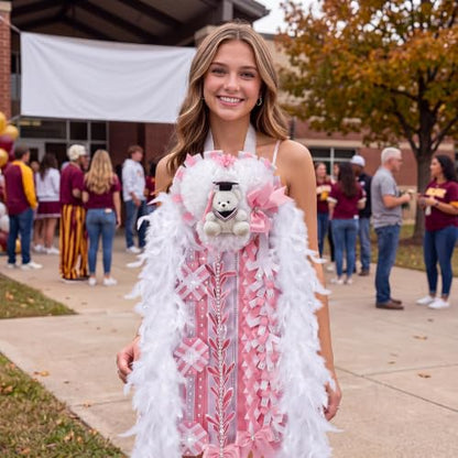 47-Inch Pink and White Homecoming Mum with Teddy Bear Bow & Ribbon