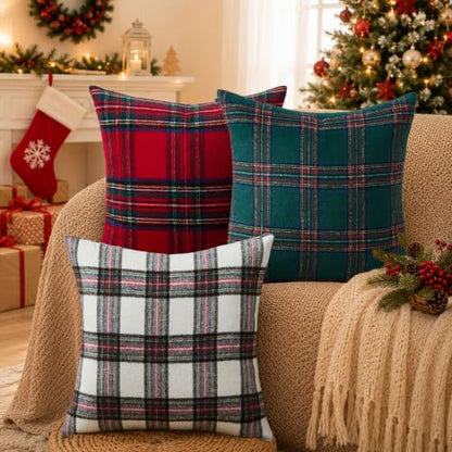 Christmas Plaid Pillow Covers Set - Green 18x18 Inches, Pack of 2
