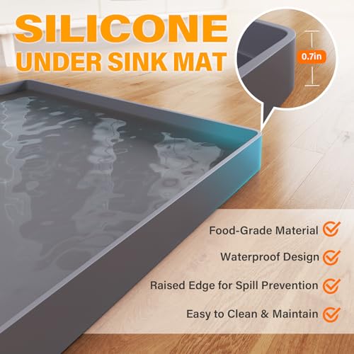 FLATO Waterproof Under Sink Mat - 25" x 22" Under Sink Liner for Kitchen & Bathroom, Under Sink Kitchen Organizers and Storage, Shelf and Cabinet Protector, Flexible Silicone Sink Drip Tray