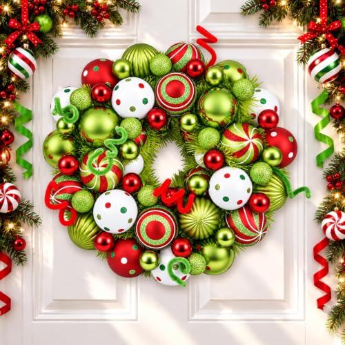 14 Inch Christmas Wreath with Red, Green & White Ornaments for Front Door