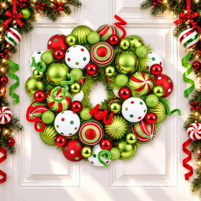 14 Inch Christmas Wreath with Red, Green & White Ornaments for Front Door