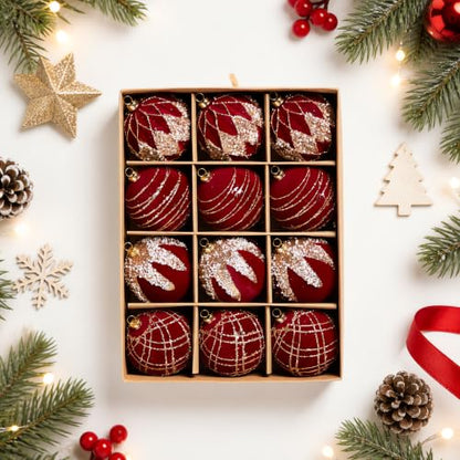 Velvet Christmas Ornament Balls Set - 12 Glitter Flocked Holiday Decorations