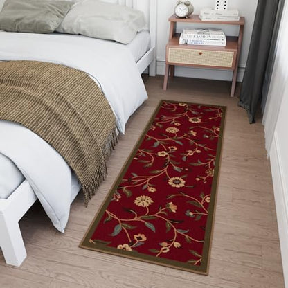 Ottomanson Hallway Runner Rug 20" x 53" Non Slip Floral Area Rugs Easy to Clean Laundry Rug Runner Durable & Pet Friendly Floor Carpet Runners for Hallways Entryway Living Room Kitchen Bathroom, Red