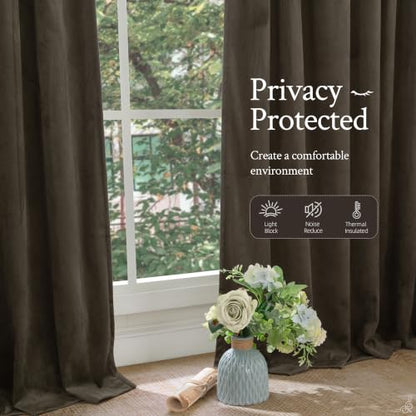 Brown Velvet Blackout Curtains 52W x 84L Set of 2 - Thermal & Light-Blocking
