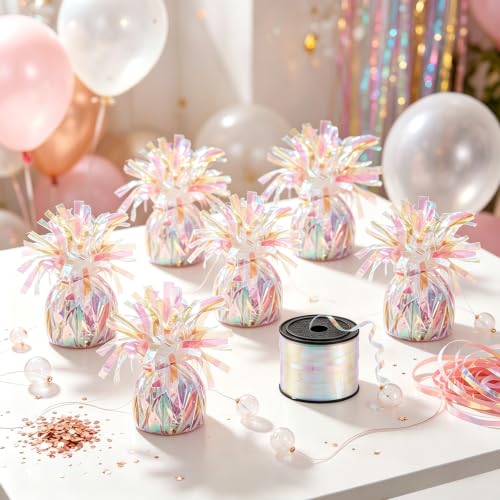 6 Pack Iridescent Metallic Balloon Weights with Curling Ribbon - Party Decorations