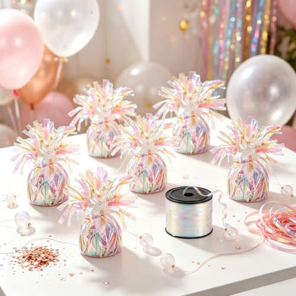 6 Pack Iridescent Metallic Balloon Weights with Curling Ribbon - Party Decorations