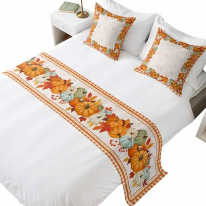 Fall Bed Runner with Matching Pillow Covers - Cal King Size 102x20 Orange Maple Leaves & Pumpkin Decor