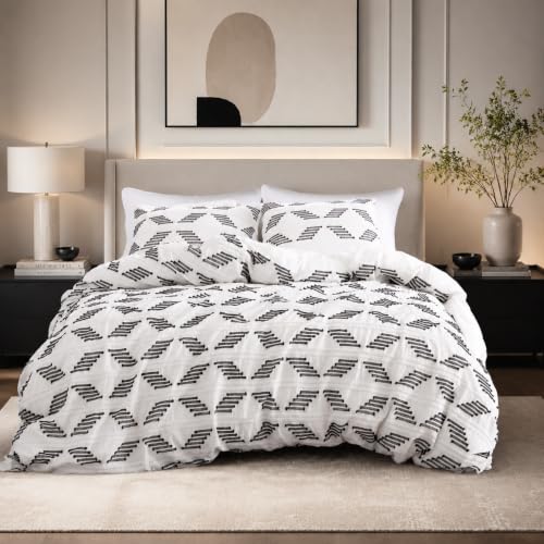 King Duvet Cover Set with Tufted Boho Cotton Blend - Black White Variation