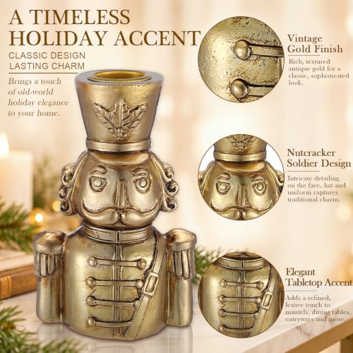Gold Taper Candle Holders Set - Christmas Nutcracker Soldier Variation