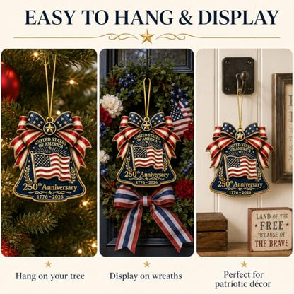 Patriotic Bell Ornament - 250th Anniversary Christmas Decoration, Wooden American Flag, Double-Sided 2026 Keepsake