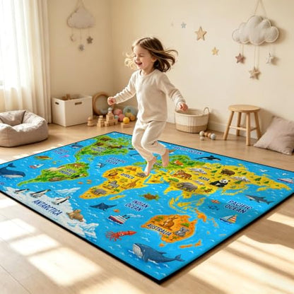 Map 01 Kids Playroom Rug - Blue World Map Non-Slip 4x6 ft Play Mat
