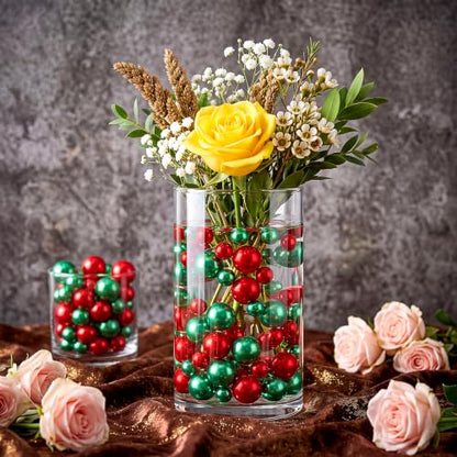 300 Pcs Faux Pearl Vase Filler No Hole Beads - Green and Red, Mixed Sizes
