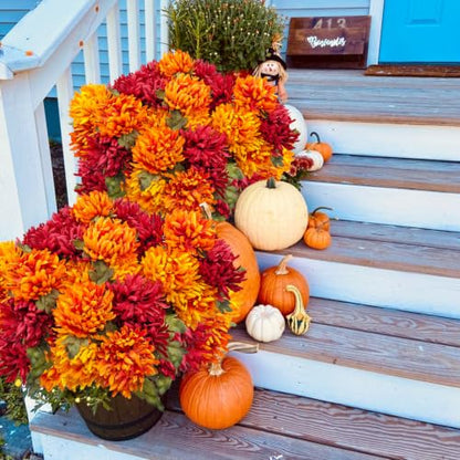 Fall Artificial Mums Flowers - 2 Bundles, 14 Heads, Orange Red