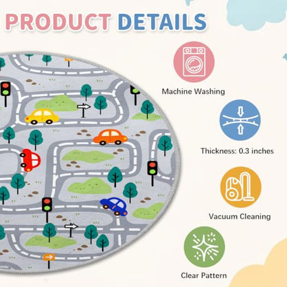 Kids Round Road Track Rug 47x47 Inches - Brown Variation - Car Play Mat for Bedroom & Playroom