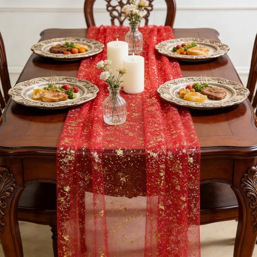10FT Red Tulle Gauze Table Runner with Glitter Foil - Sparkly Party Decor