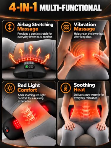 4-in-1 Lumbar Support Pillow - Cordless Back Massager with Red & Infrared Light (Black)