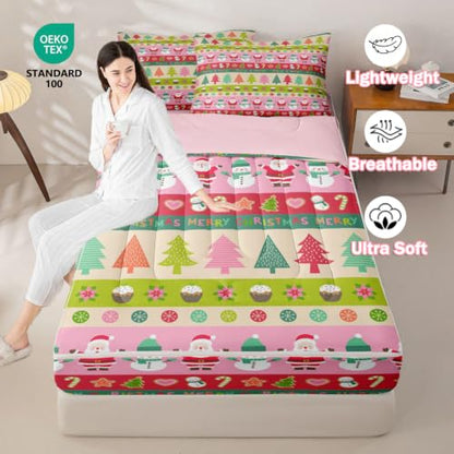 Kids Christmas Snowman Comforter Set Twin Size - Feelyou Santa Claus & Holiday Design - Green, Red, Pink Variations