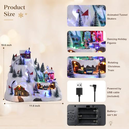 Animated Christmas Village Ski Mountain with Moving Train & Skaters - Holiday Decor