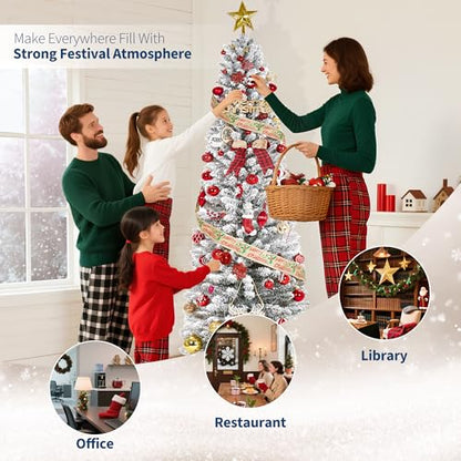 6ft Snow-Flocked Artificial Christmas Tree with Pre-Lit LED Lights - Pencil Shape, Hinged Branches, Metal Stand