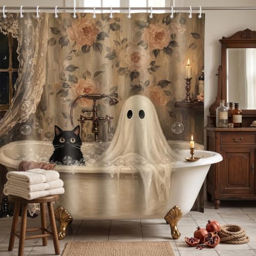 Halloween Shower Curtain Black Cat Ghost Bathroom Decor 71x71in