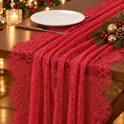 6 Pack Red Lace Table Runners 30x120 Inch for Christmas Holiday Decor